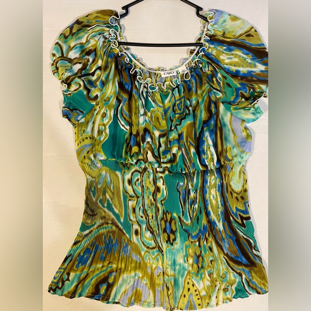 Cato Teal, Blue & Green Abstract Ruffle-Neck Blouse